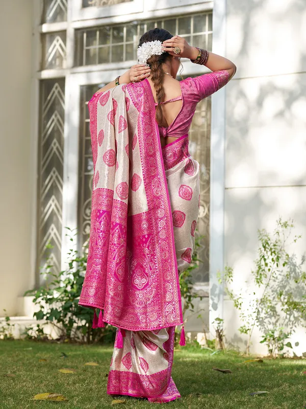Beige_Rani_Pink_Banarasi_Silk_Zari_Woven_Border_Saree_For_Women