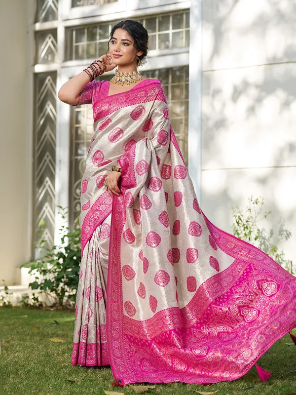 Beige_Rani_Pink_Banarasi_Silk_Zari_Woven_Border_Saree_For_Women