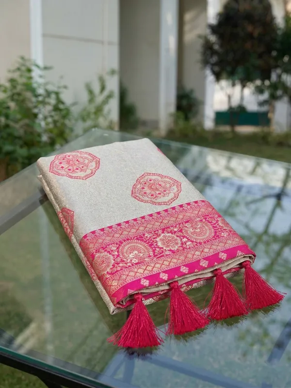 Beige_Rani_Pink_Banarasi_Silk_Zari_Woven_Border_Saree_For_Women