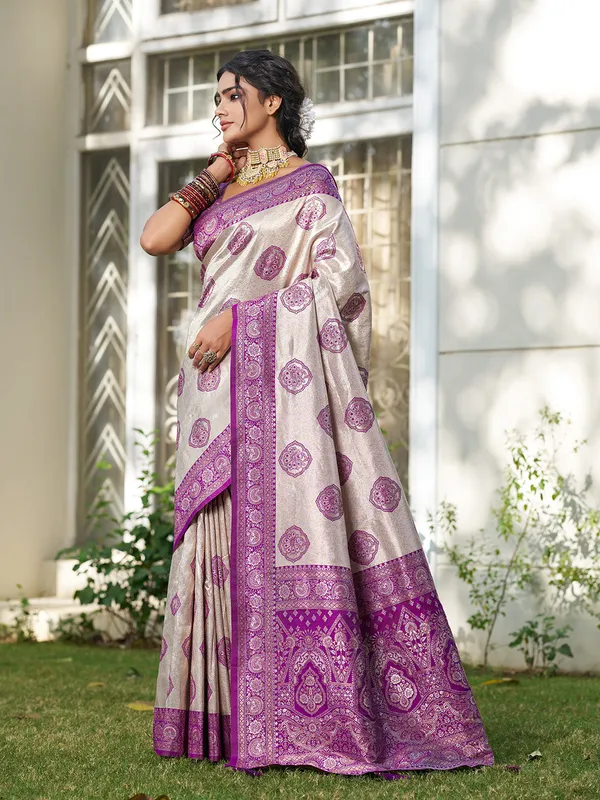 Beige_Blue_Banarasi_Silk_Zari_Woven_Border_Saree_For_Women