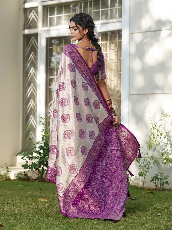 Beige_Blue_Banarasi_Silk_Zari_Woven_Border_Saree_For_Women