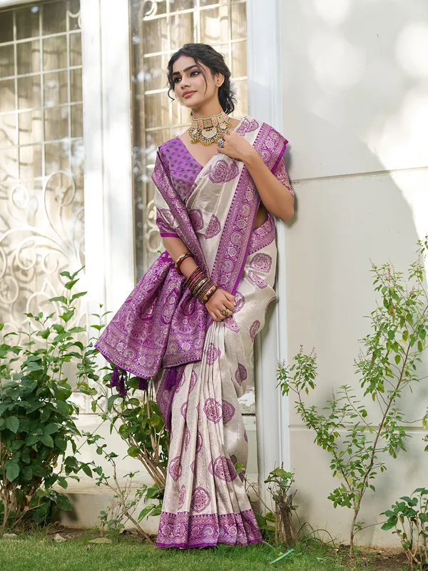 Beige_Blue_Banarasi_Silk_Zari_Woven_Border_Saree_For_Women
