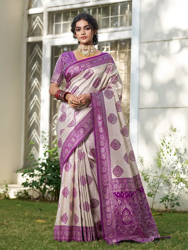 Beige_Blue_Banarasi_Silk_Zari_Woven_Border_Saree_For_Women