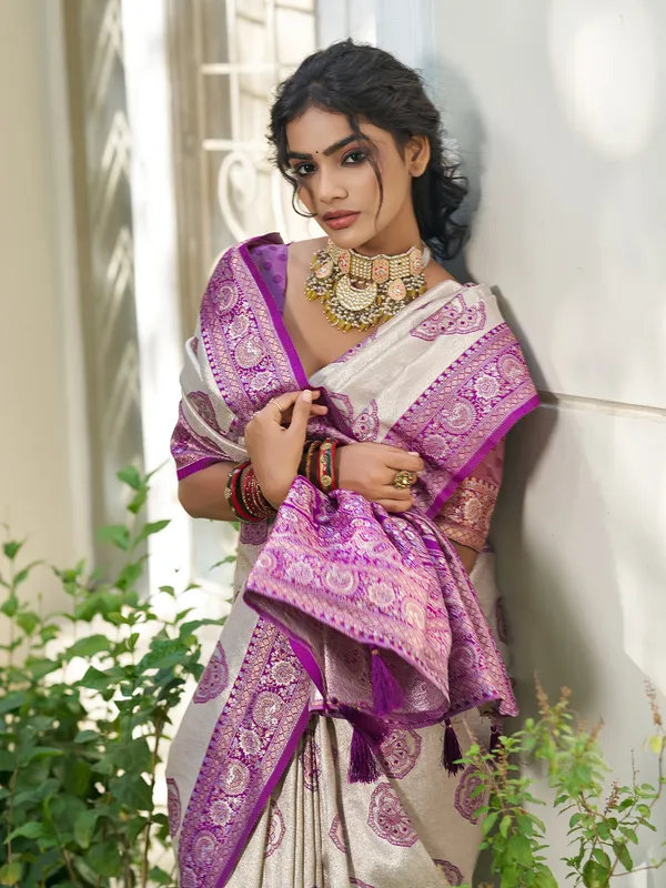 Beige_Blue_Banarasi_Silk_Zari_Woven_Border_Saree_For_Women