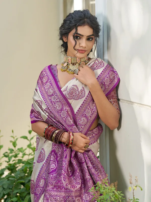 Beige_Blue_Banarasi_Silk_Zari_Woven_Border_Saree_For_Women