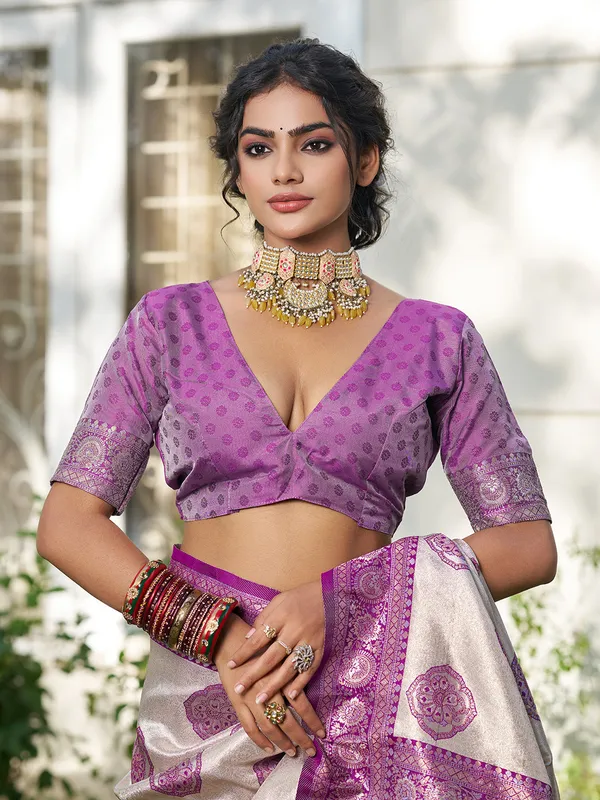 Beige_Blue_Banarasi_Silk_Zari_Woven_Border_Saree_For_Women