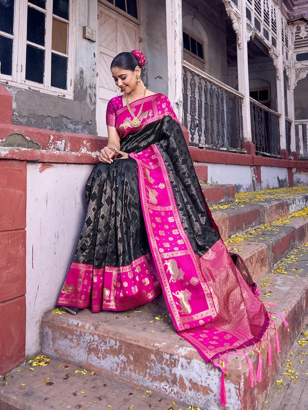 Black_Rani_Pink_Soft_Silk_Zari_Border_Saree_For_Women