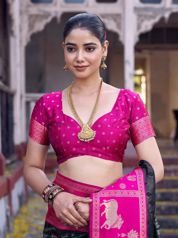 Black_Rani_Pink_Soft_Silk_Zari_Border_Saree_For_Women