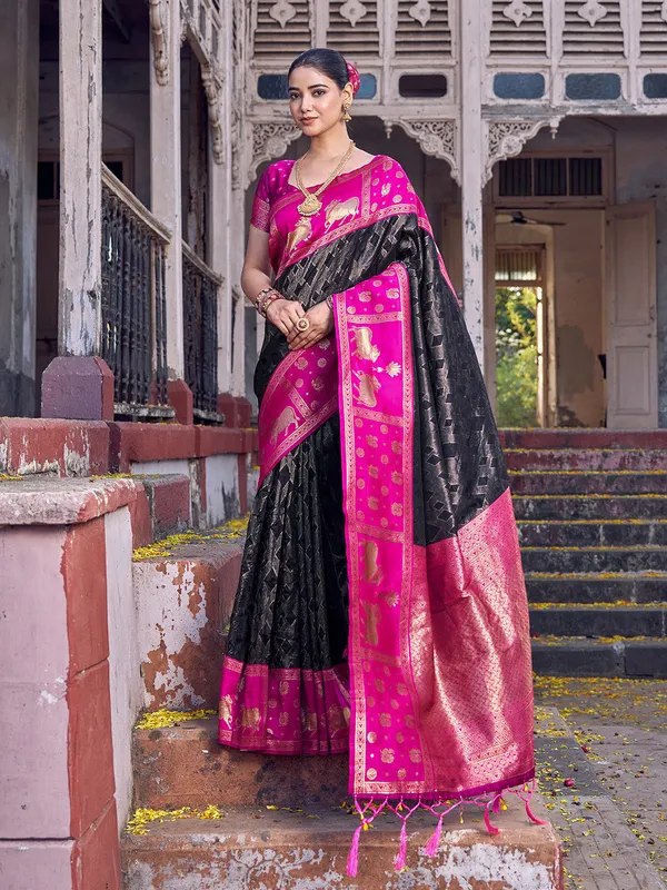 Black_Rani_Pink_Soft_Silk_Zari_Border_Saree_For_Women