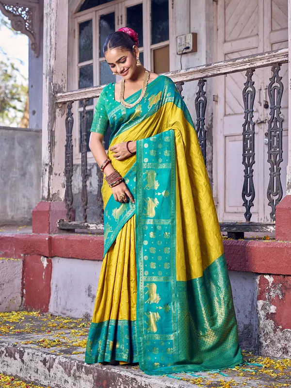 Mustard_Yellow_Blue_Soft_Silk_Woven_Border_Saree_For_Women