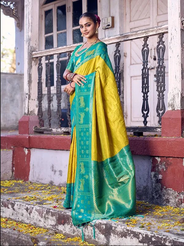 Mustard_Yellow_Blue_Soft_Silk_Woven_Border_Saree_For_Women