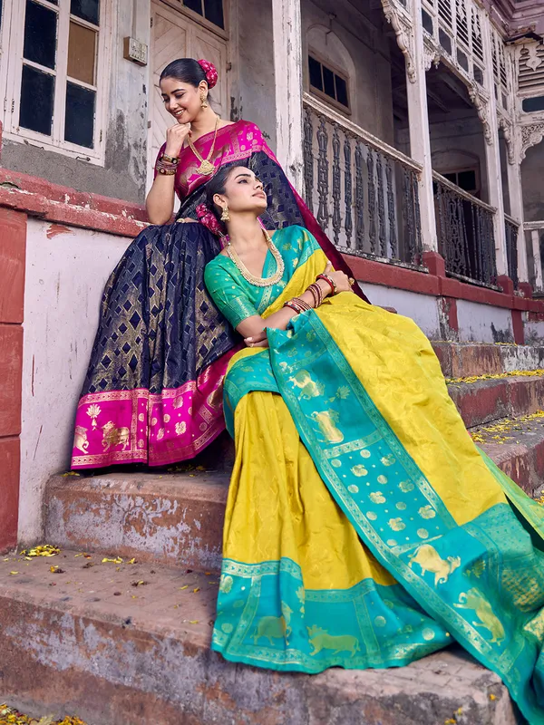 Mustard_Yellow_Blue_Soft_Silk_Woven_Border_Saree_For_Women