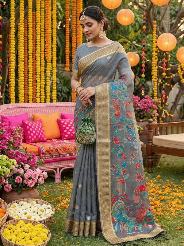 Grey_Linen_Woven_Ethnic_Saree_For_Women