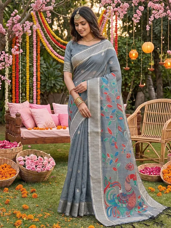 Grey_Linen_Woven_Ethnic_Saree_For_Women