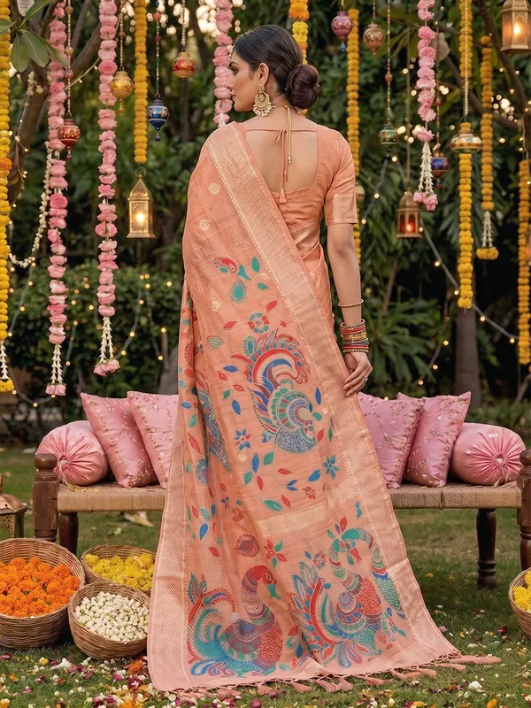 Peach_Linen_Woven_Ethnic_Saree_For_Women
