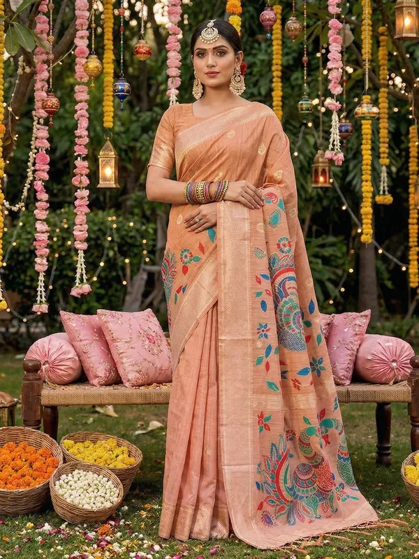 Peach_Linen_Woven_Ethnic_Saree_For_Women
