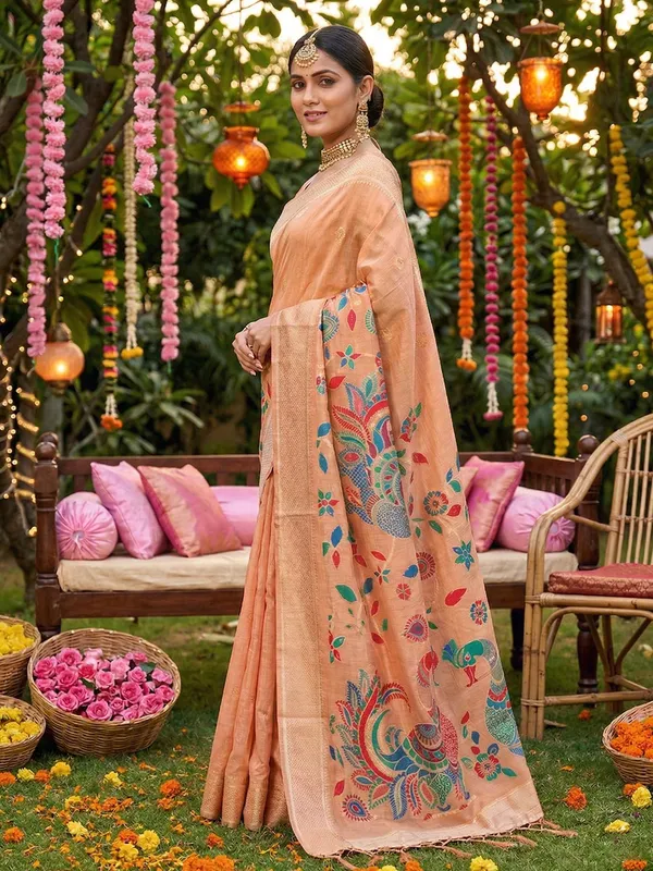 Peach_Linen_Woven_Ethnic_Saree_For_Women