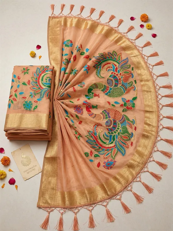Peach_Linen_Woven_Ethnic_Saree_For_Women