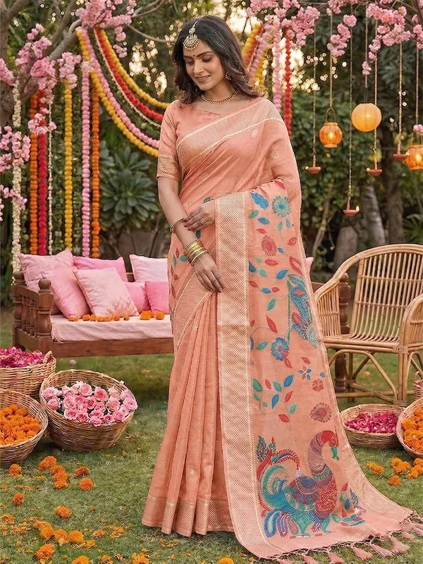 Peach_Linen_Woven_Ethnic_Saree_For_Women