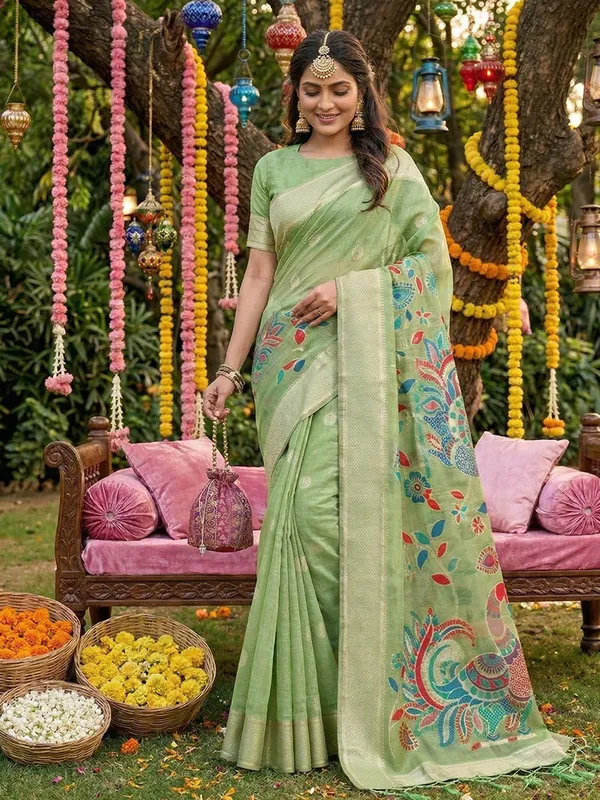 Mehendi_Green_Linen_Ethnic_Woven_Saree_For_Women