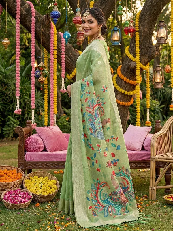 Mehendi_Green_Linen_Ethnic_Woven_Saree_For_Women