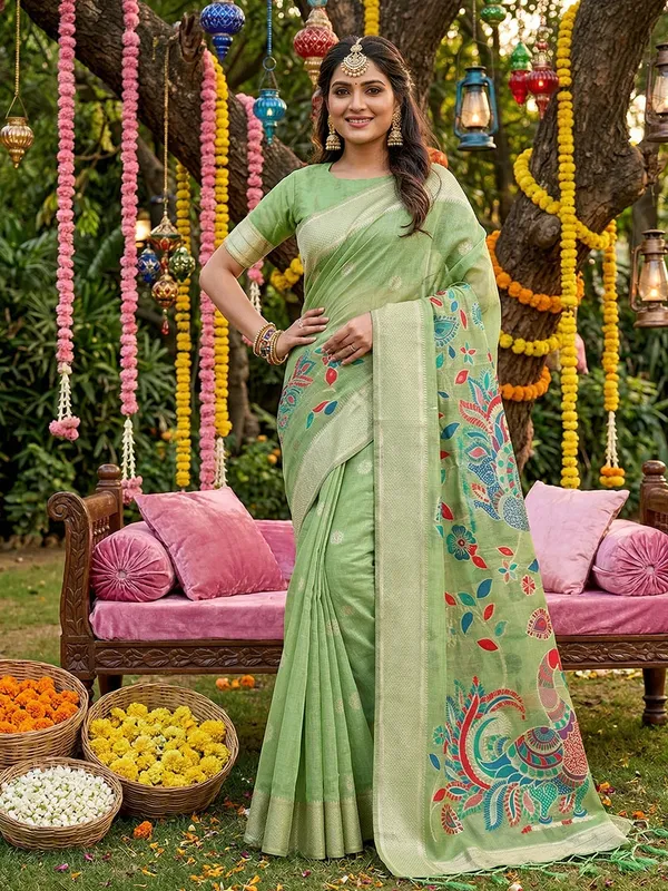 Mehendi_Green_Linen_Ethnic_Woven_Saree_For_Women