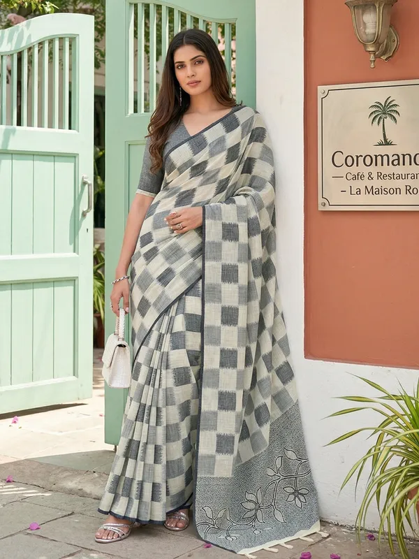 Sage_Green_Grey_Linen_Checked_Floral_Pallu_Saree_For_Women