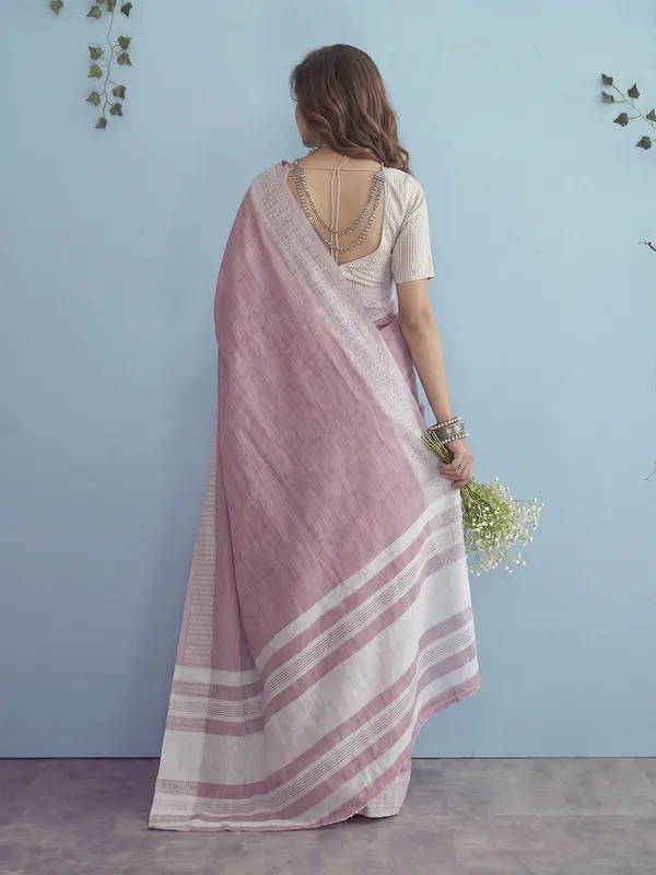 Pink_Linen_Woven_Border_Saree_For_Women