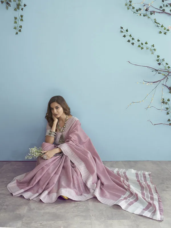 Pink_Linen_Woven_Border_Saree_For_Women