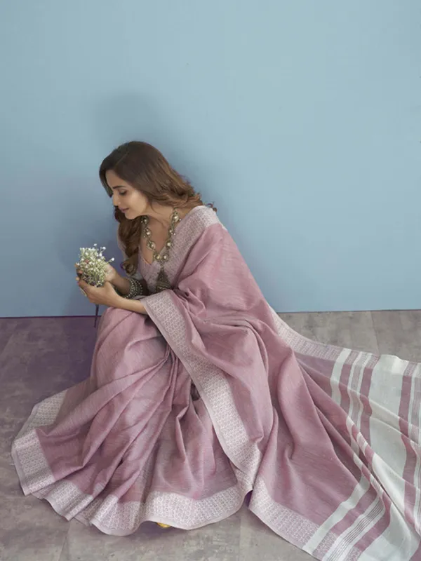 Pink_Linen_Woven_Border_Saree_For_Women