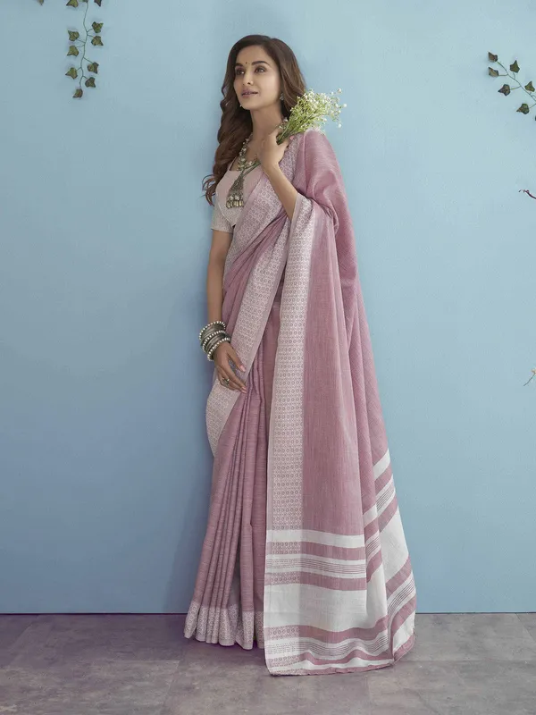 Pink_Linen_Woven_Border_Saree_For_Women