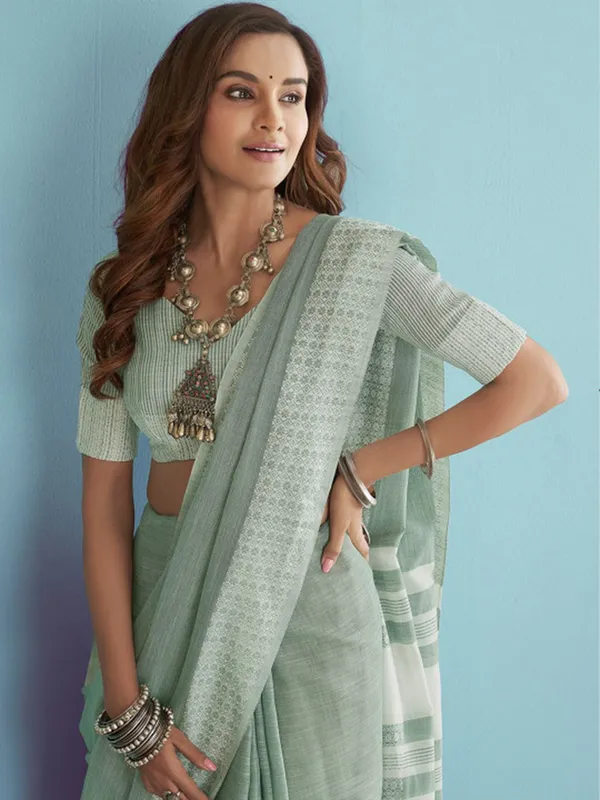 Mehendi_Green_Linen_Woven_Border_Saree_For_Women