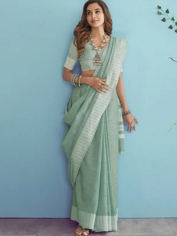 Mehendi_Green_Linen_Woven_Border_Saree_For_Women