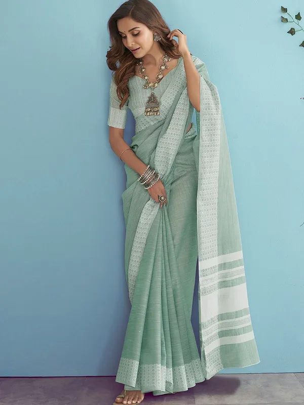 Mehendi_Green_Linen_Woven_Border_Saree_For_Women