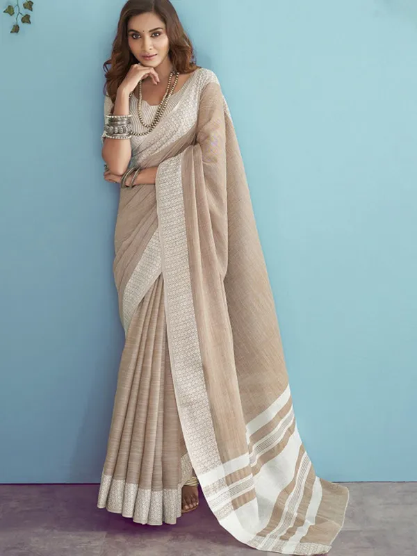 Beige_Linen_Woven_Border_Saree_For_Women