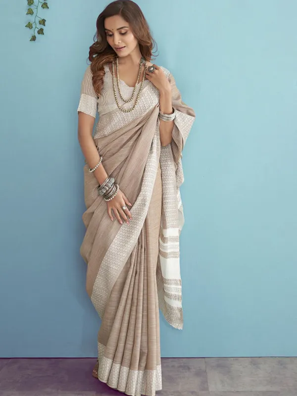 Beige_Linen_Woven_Border_Saree_For_Women