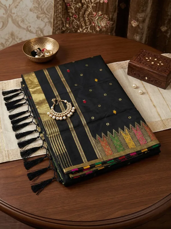Midnight_Black_Soft_Silk_Woven_Gold_Zari_Multi_Border_Saree_For_Women