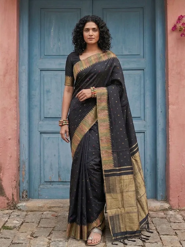 Midnight_Black_Soft_Silk_Woven_Gold_Zari_Multi_Border_Saree_For_Women