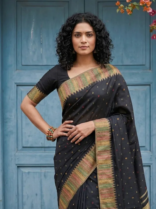 Midnight_Black_Soft_Silk_Woven_Gold_Zari_Multi_Border_Saree_For_Women