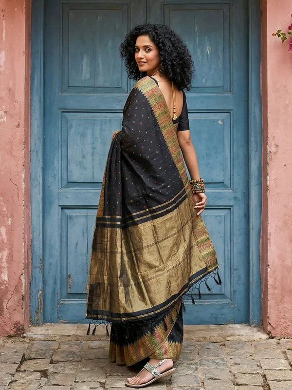 Midnight_Black_Soft_Silk_Woven_Gold_Zari_Multi_Border_Saree_For_Women
