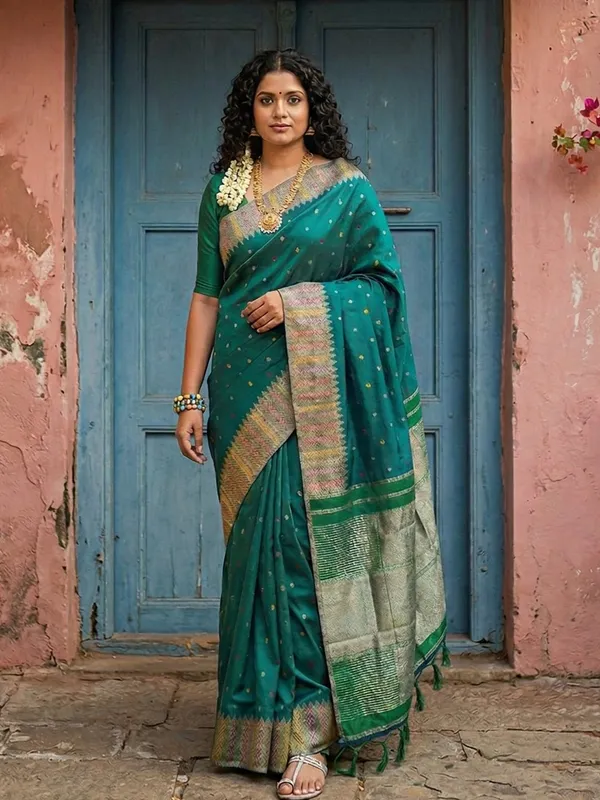 Bottle_Green_Semi_Silk_Zari_Woven_Banarasi_Style_Saree_For_Women