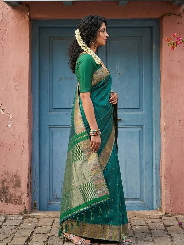 Bottle_Green_Semi_Silk_Zari_Woven_Banarasi_Style_Saree_For_Women