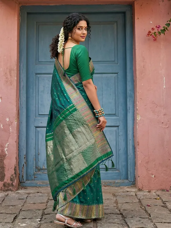 Bottle_Green_Semi_Silk_Zari_Woven_Banarasi_Style_Saree_For_Women
