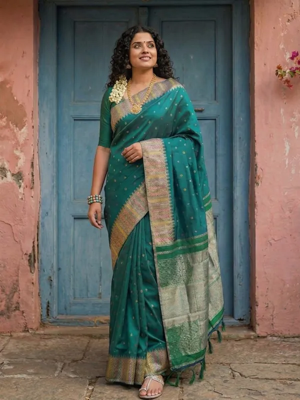 Bottle_Green_Semi_Silk_Zari_Woven_Banarasi_Style_Saree_For_Women