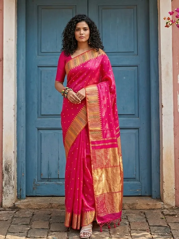 Hot_Rani_Pink_Lichi_Silk_Zari_Woven_Border_Pallu_Saree_For_Women