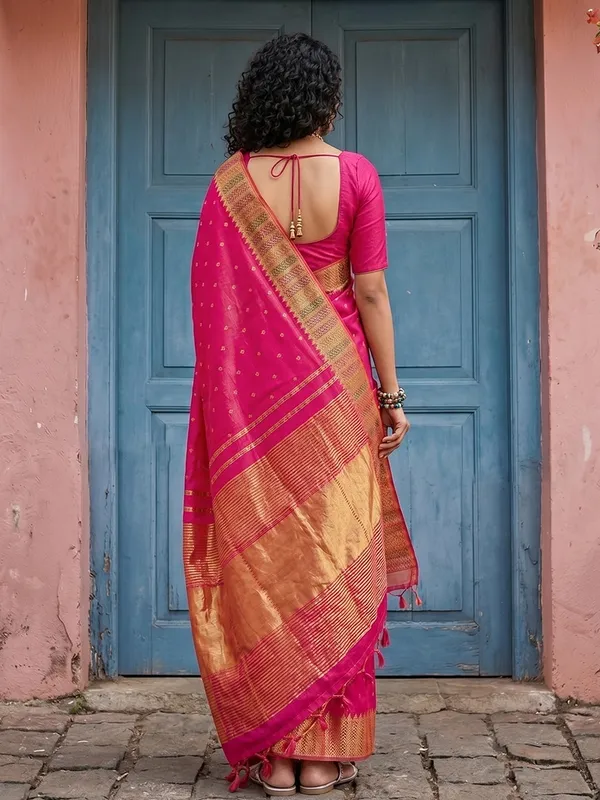 Hot_Rani_Pink_Lichi_Silk_Zari_Woven_Border_Pallu_Saree_For_Women