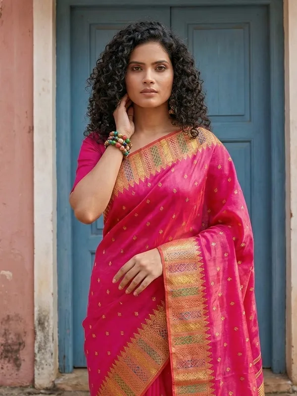 Hot_Rani_Pink_Lichi_Silk_Zari_Woven_Border_Pallu_Saree_For_Women