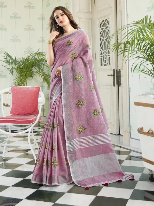 Blue_Linen_Floral_Embroidery_Border_Tassel_Saree_For_Women