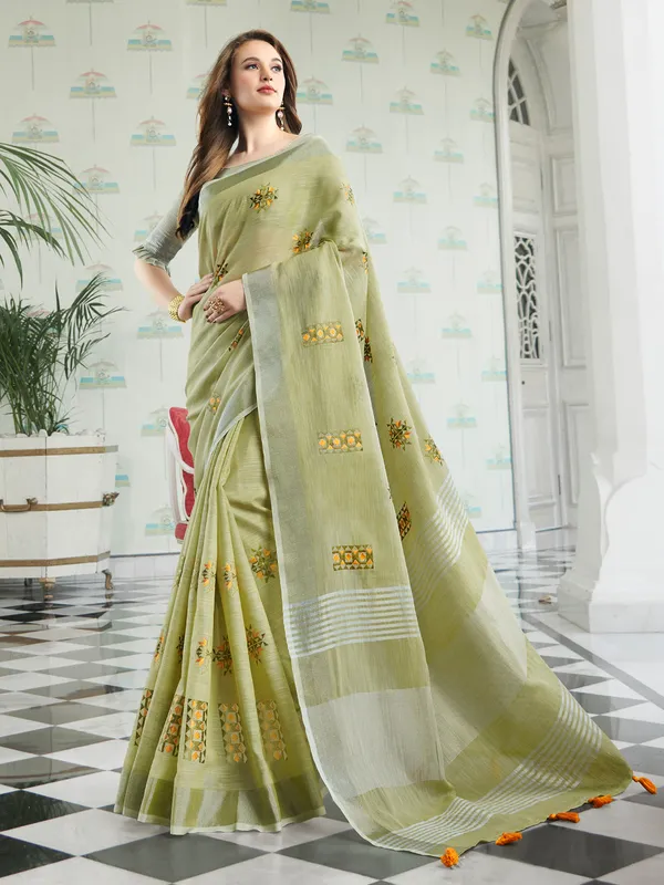 Light_Green_Linen_Floral_Embroidery_Saree_For_Women