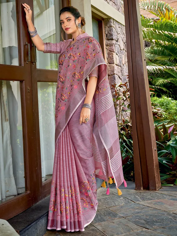 Pink_Linen_Embroidered_Tassel_Pallu_Saree_For_Women